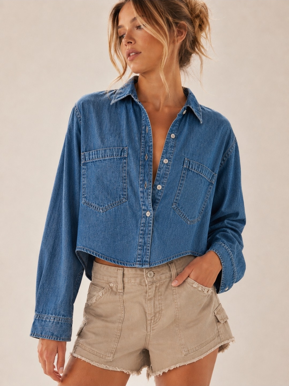 Sweet Envy NWT 100% Cotton Denim/Chambray Cropped Button Front Shirt Large